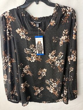 Hilary Radley Black Floral Long-Sleeve Blouse with Cream & Tan Blooms